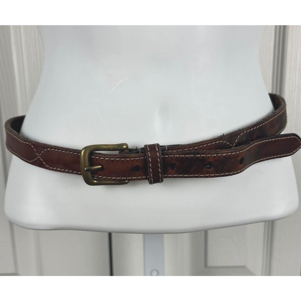 Brown Genuine Leather Belt Contrast Stich Detail Brass Buckle .75" Waist 25-29"